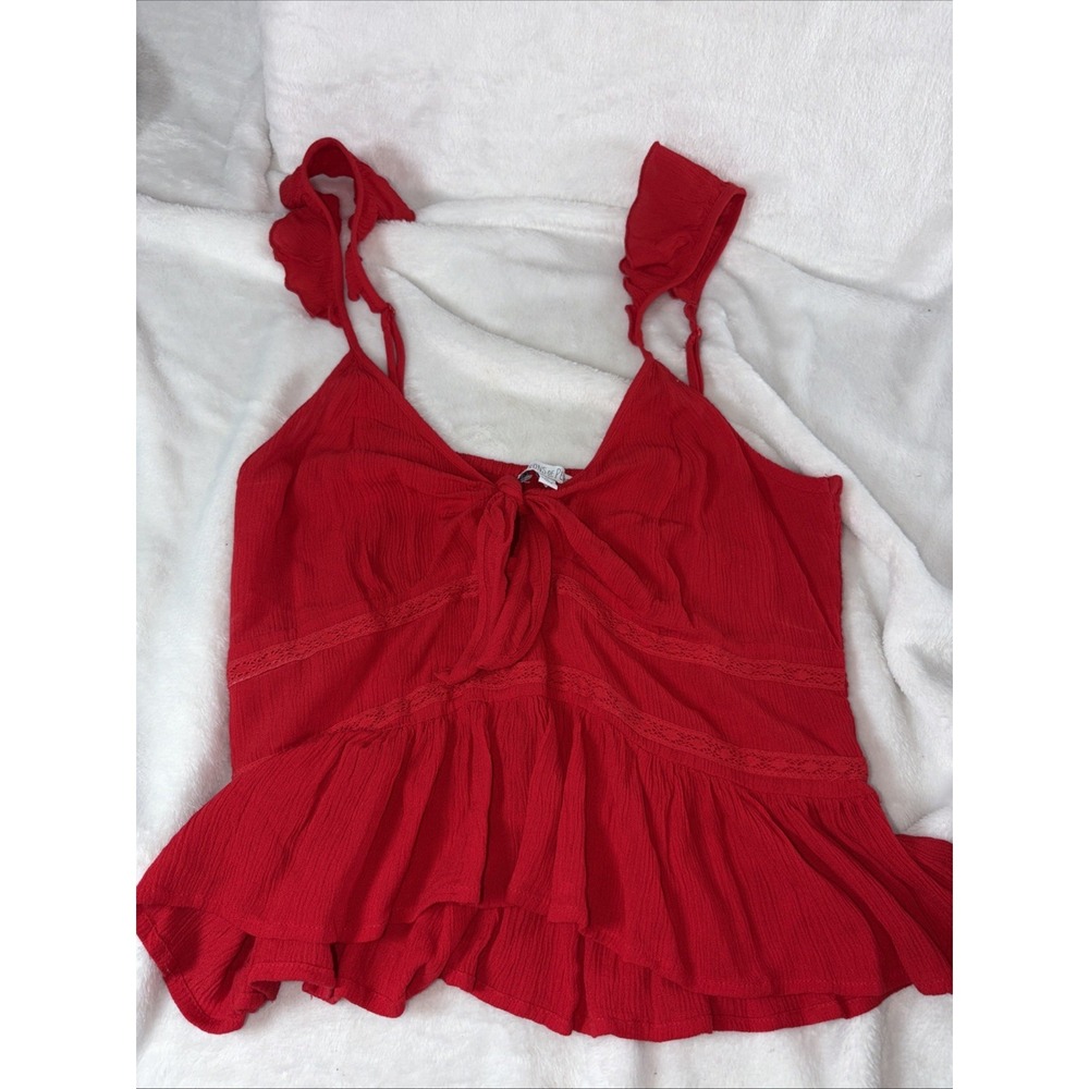 Patrons of Peace Red Tie-Front Cami Top Ruffle Strap Size M Babydoll Peasant EUC